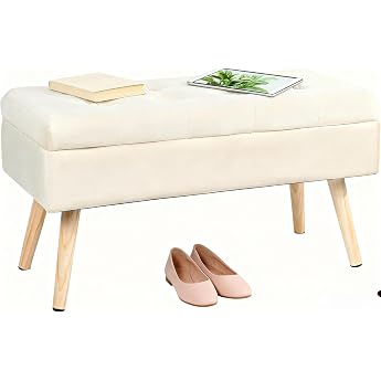 Hawthyhome Bench with storage space 80   35   43 cm shoe bench Upholstered bench with storage box velvet cover wooden legs for hallway living room bedroom cream1123123