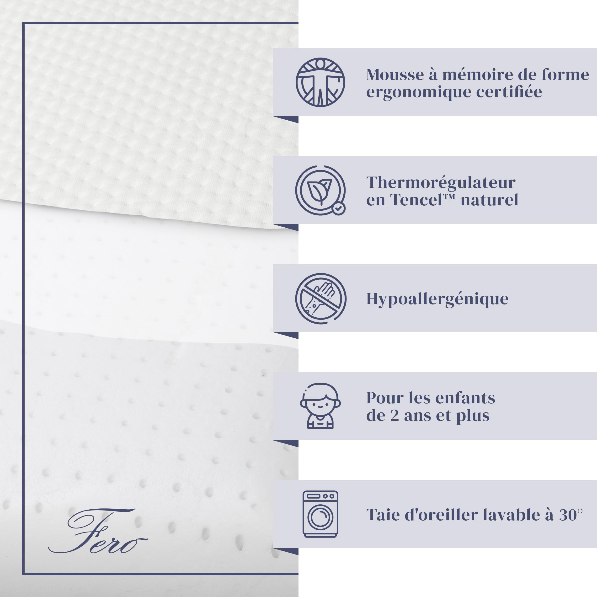 Ferò Oreiller Enfant 60x40x6 en TENCEL Hypoallergénique – Pour Enfants de Plus de 2 Ans - Confort et Sécurité pour Sommeil Tranquille – Mousse à Mémoire de Forme Naturelle Douce et Respirante OEKO-TEX
