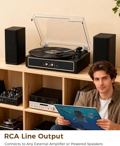 Miniatura 5 de Tocadiscos retro Bluetooth con altavoces integrados, tocadiscos de 3 velocidades de transmisión por correa, control de graves y agudos, reproductor