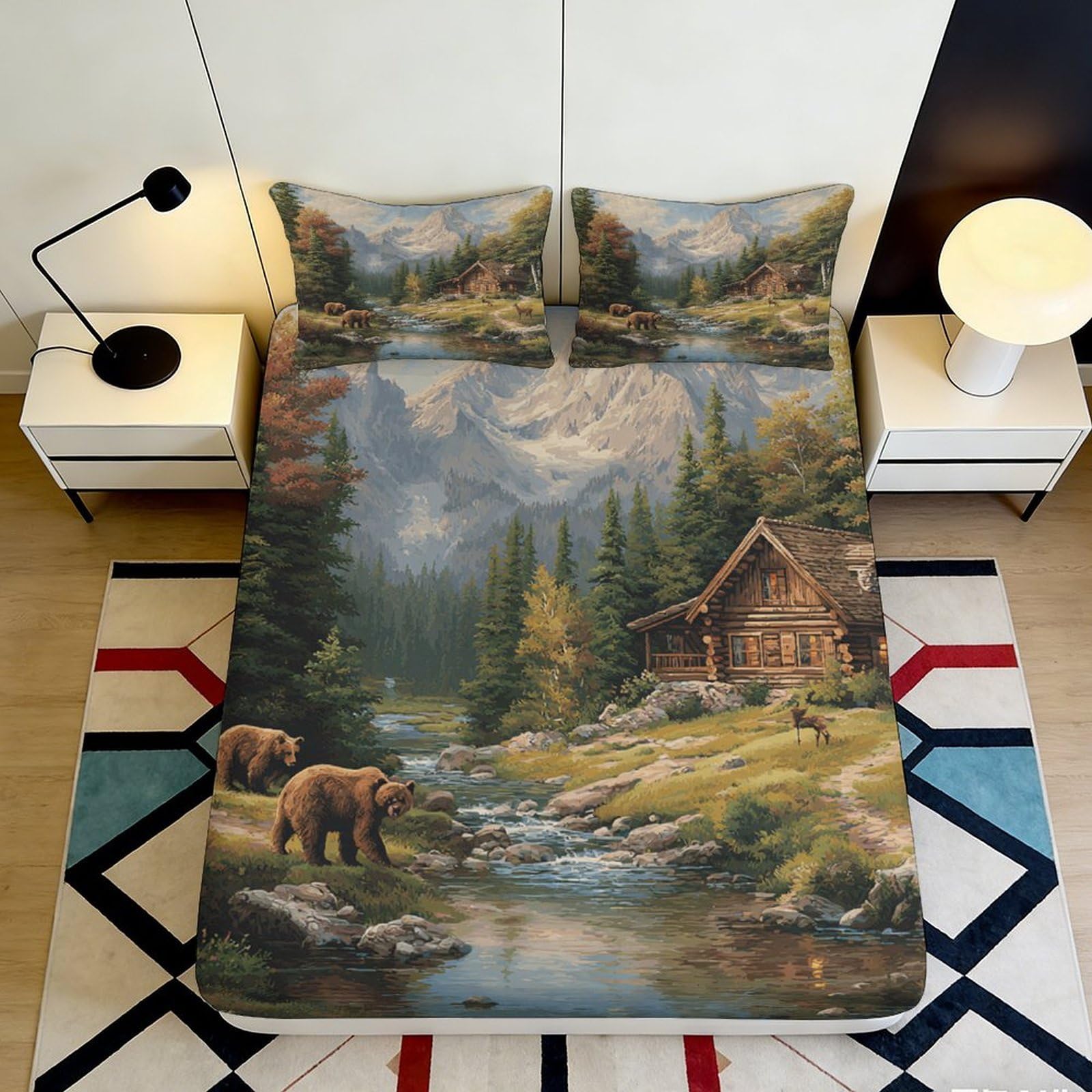 3D Printed Forest Cabin Fitted Sheet Microfiber Soft Bear River Bed Cover for Bedroom Dorm Decor Mattress Protection 90x200x25cm