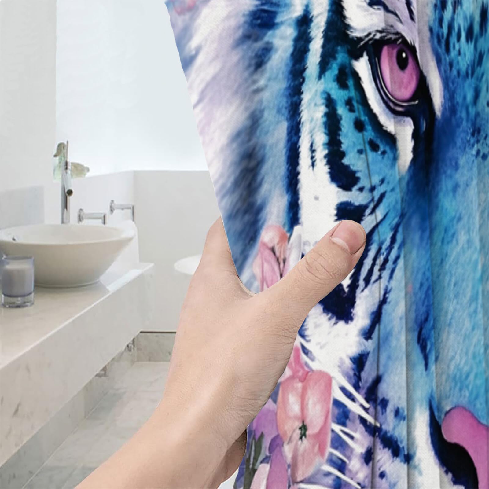 Rideau De Douche Tigre des Fleurs Animaux À L'Aquarelle Tissu Imperméable Lavable avec Crochets Anti Moisissure en Polyester Rideau Douche pour Salle De Bain