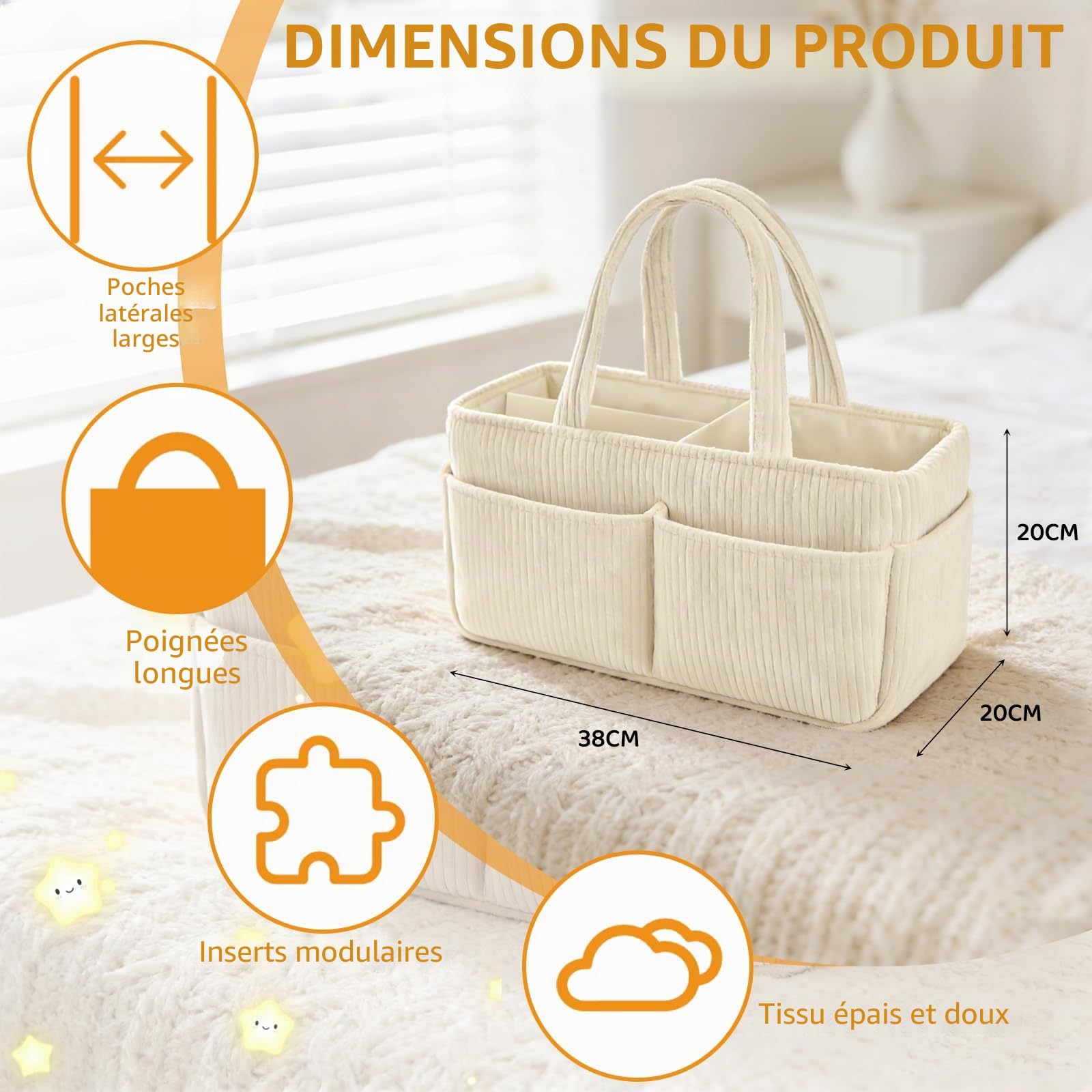 Panier à langer en velours côtelé pour table à langer, organiseur de couches pour bébé avec compartiments interchangeables, panier de rangement élégant pour chambre d'enfant (Blanc cassé)