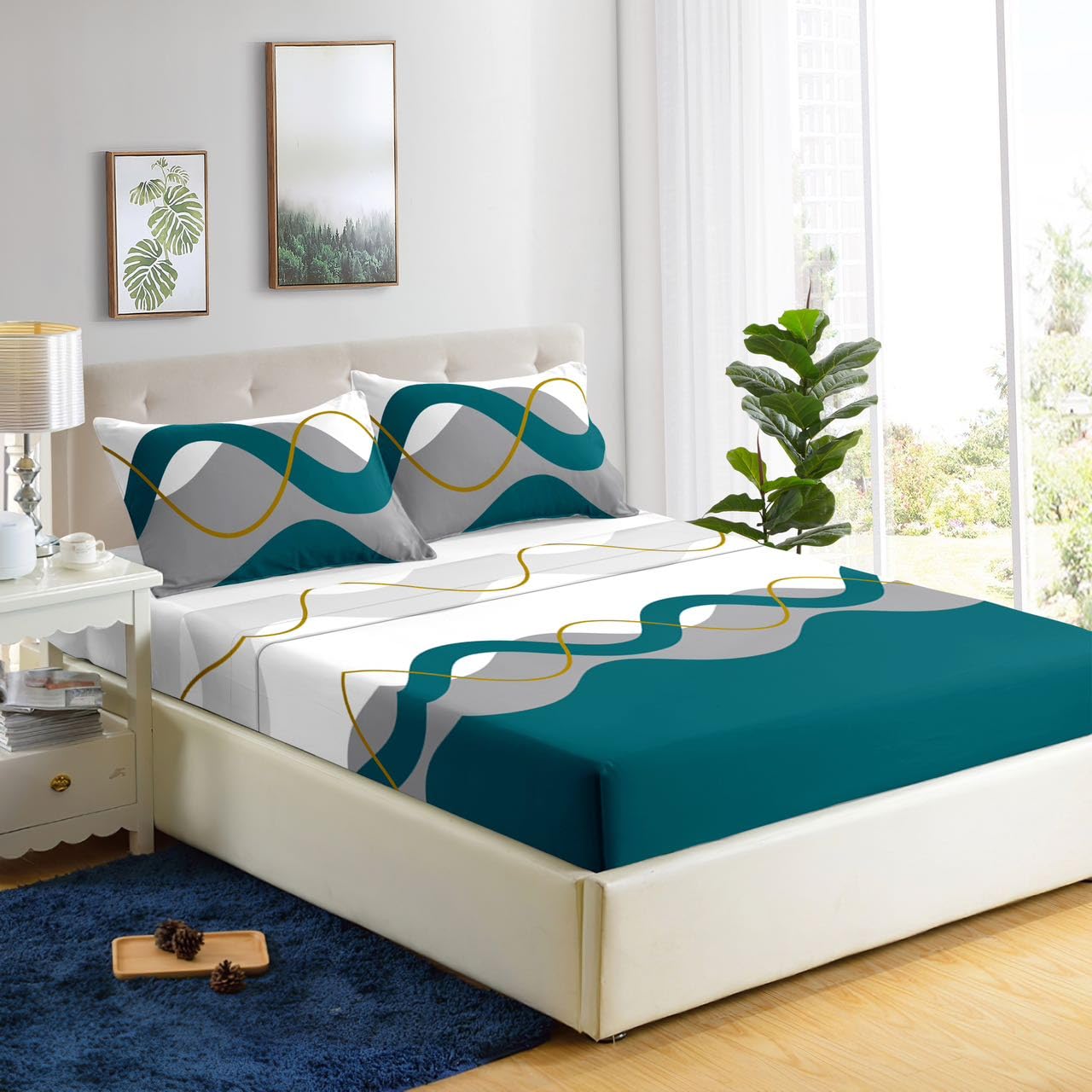HaraDeco Juego de Sábana 4 Piezas Cama 150x190/200cm, Microfibra Poliéster Suave, Sábana Encimera Estampada Moderna, Bajera Ajustable para Colchón 28cm, 2 Fundas Almohada 50x70cm(Ola, Cama 150)