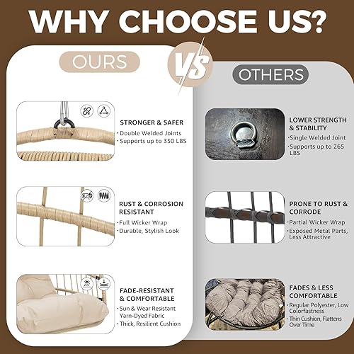 Miniatura 8 de NICESOUL Silla de huevo sin soporte para interiores y exteriores, cómoda silla colgante de mimbre para patio con cojín, hamaca columpio de 350