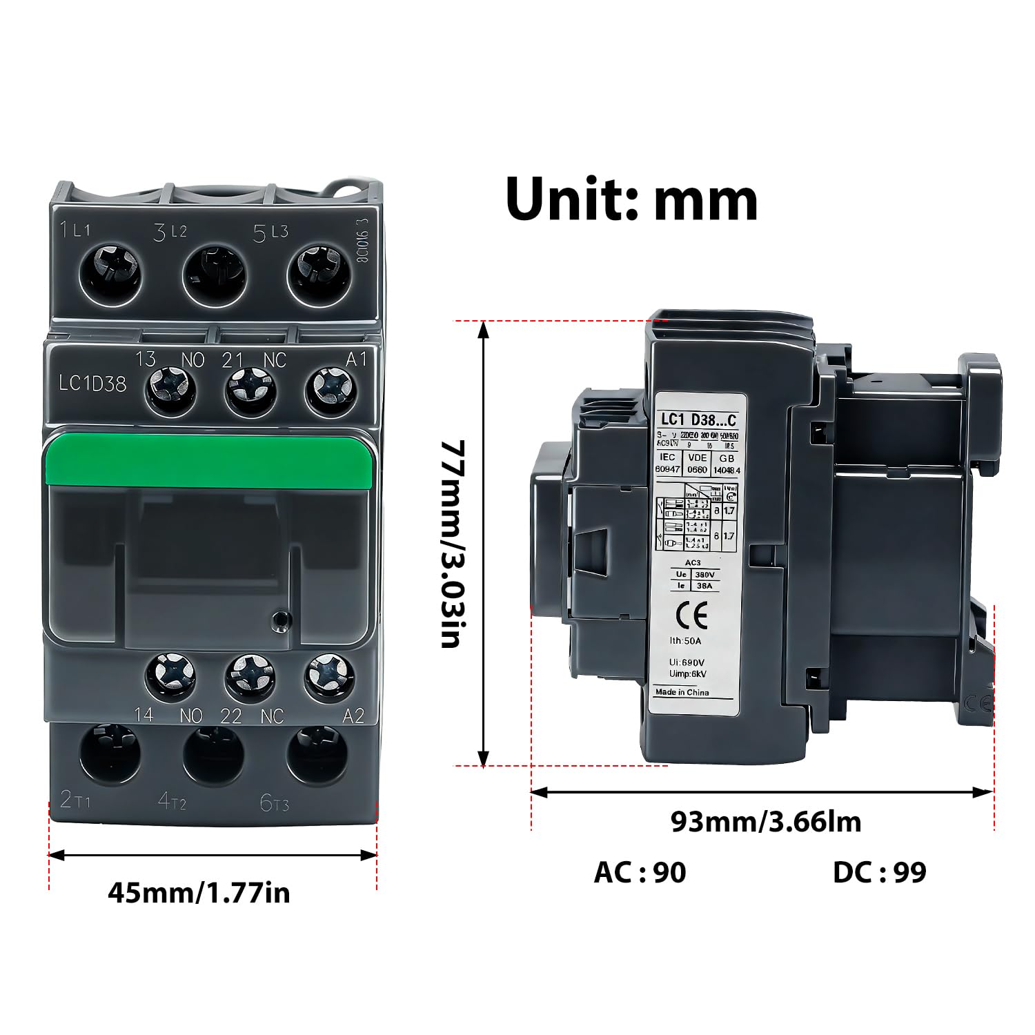 Tissting Leistungsschütz Spule 3P 38A 380V Motorschütz LC1D Typ AC Schütz | 1NO 1NC AC 48V Hilfskontakte Hutschienen Schütz Silberlegierungskontakte Wechselstromschütz