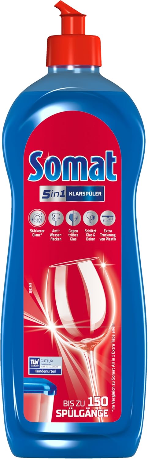 SOMAT 5-in-1 rinse aid (750 ml), detergent additive for quick drying, rinse aid for dishwasher gives brilliant shine on glasses, dishes and in the machine, up to 150 washes