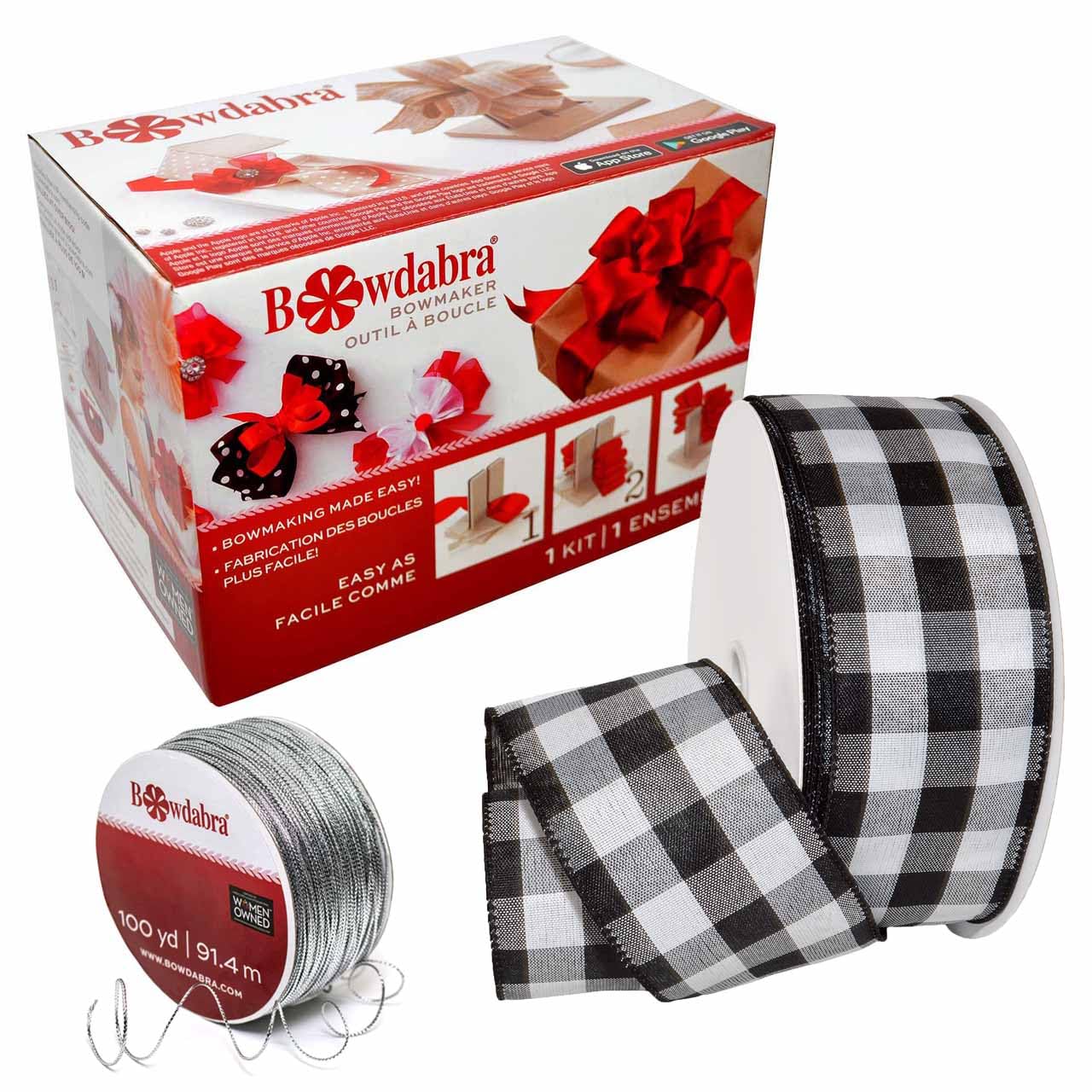 Morex RibbonWired Taffeta Combo Pk Bowdabra, Silver Wire & Cambridge Ribbon, 2.5 inch by 50 Yards, Black/White