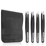 4Piece Set of Professional Tweezers for Women Facial Hair, Black Stainless Steel Precision Tweezer for Ingrown Hair, Eyebrow Tweezers for Men Comes in Carrying Pouch (Black Set)