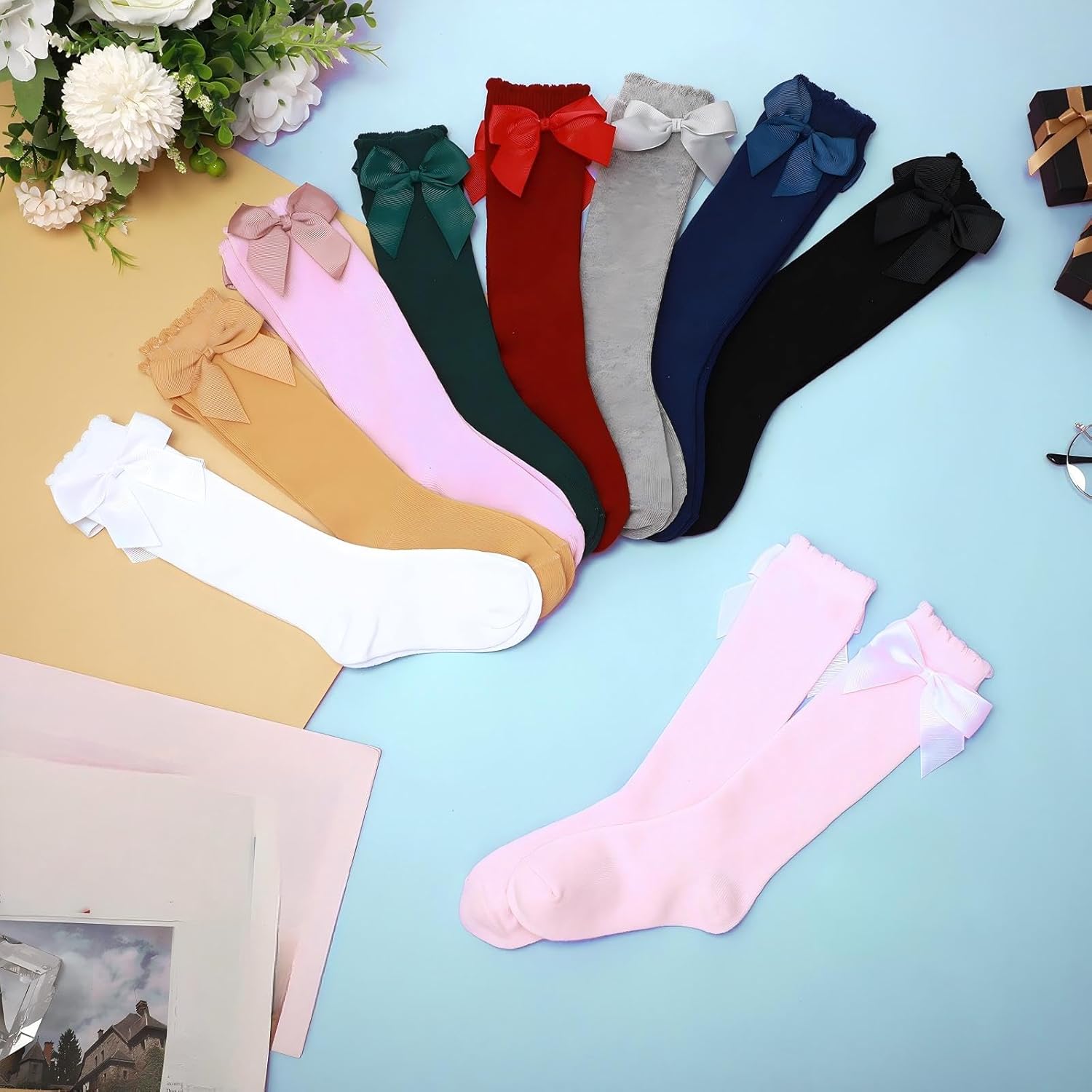 9 Pairs Baby Knee High Socks with Bow Knit Toddler Girl Dress Socks Cotton Tube Long Socks for Baby Newborn Infant, 9 Colors - Image 6