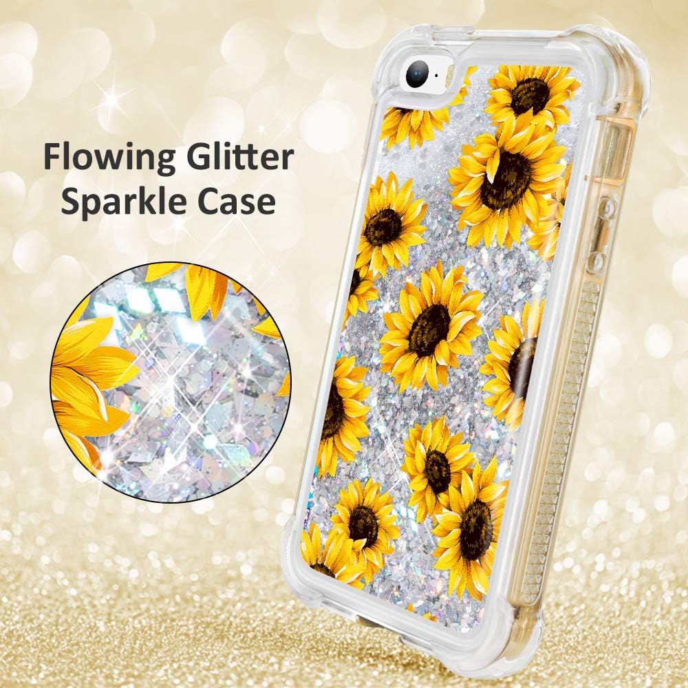 Caka iPhone SE Case (2016), iPhone 5 5S Glitter Full Body Coverage Case with Screen Protector Bling Sparkle Floating Liquid Girls Girly Women Cute Protective Case for iPhone 5 5S SE (Sunflower)