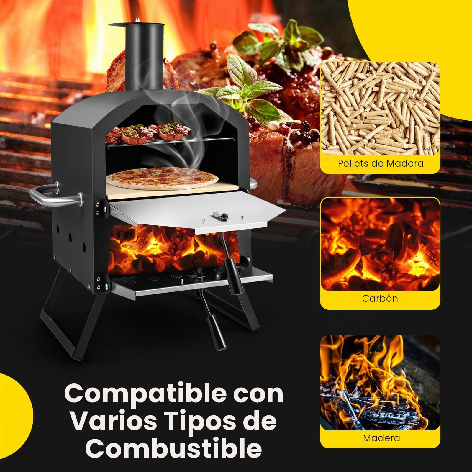 FANTASK Horno de pizza de 2 capas con parrilla, horno de pizza al aire libre, piedra para pizza y patas plegables, pala para pizza, cubierta impermeable