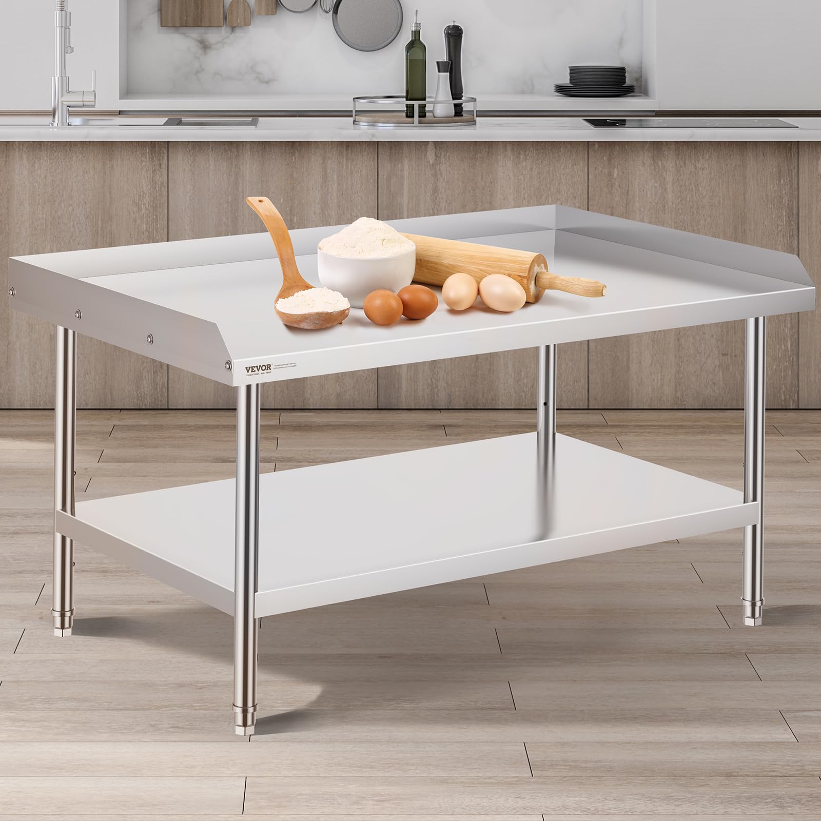 VEVOR Mesa de Trabajo de Acero Inoxidable 76,2 x 121,9 x 66 cm, Mesa de preparación de Alimentos con Respaldo a 3 Lados, Altura Ajustable, Mueble de Almacenamiento, para Cocina, Restaurante, Bar
