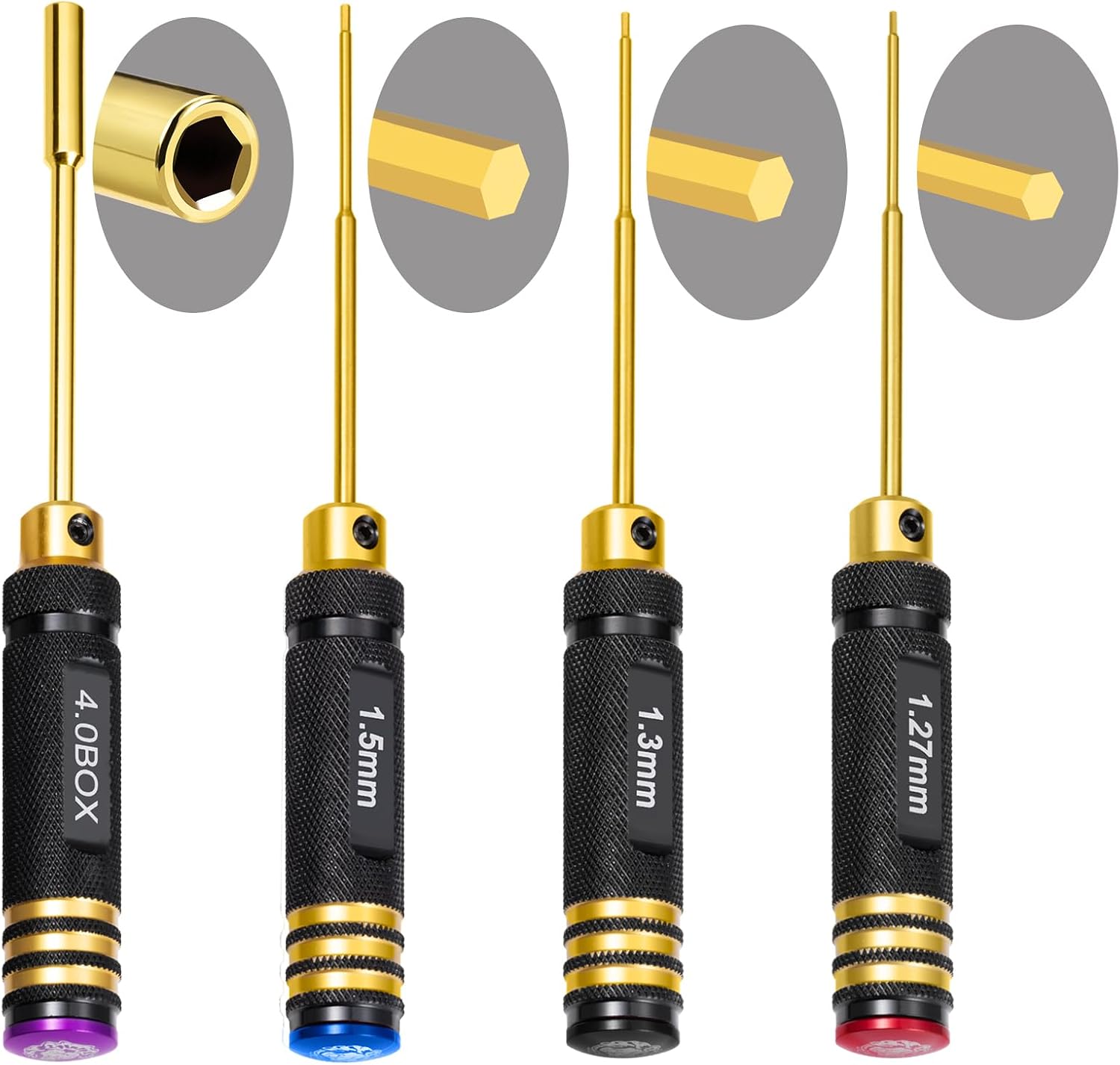 4pcs Hex Screw Driver Set Titanium Coated Repair Tools Kit 1.27mm 1.3mm1.5mm 4.0mmBox Hex Screwdrivers Screw Driver Tool Repair Kit for Rc Car 1/24 Axial Scx24 1/18 TRX4M Drone Boat