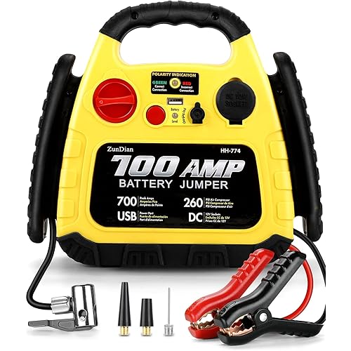 Car Battery Jump Starter with Air Compressor, 12V Battery Jump Starter with Air Compressor, 700A Peak Jump Box for Up to 5.0L Gas & 5.0L Diesel Engines, Portable Power Station with LED Light