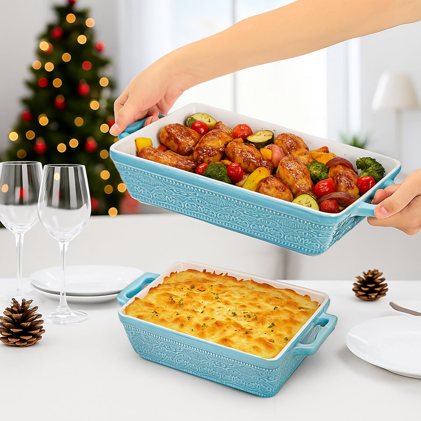 Hacaroa 3er Set Keramik Auflaufform, Rechteckige Backformen mit Griffen, Elegante Auflaufform Set Lasagnepfanne zum Backen, Kochen, Kuchen Abendessen, Bankett, Seeblau, 3 Größen