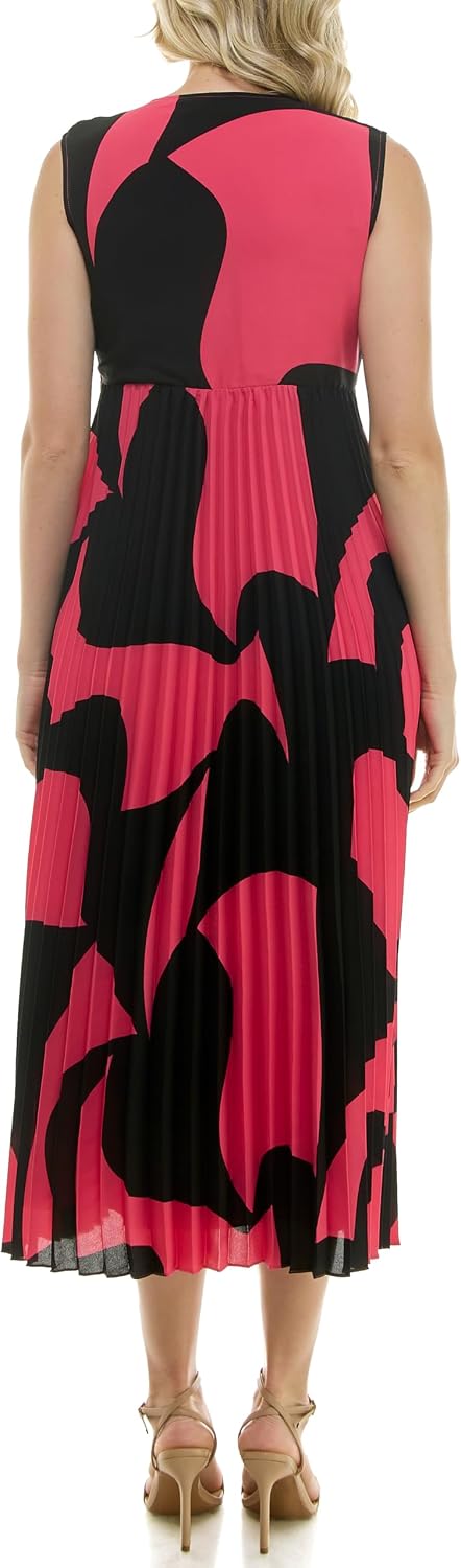 Nicole Miller New York Women's V-Neck Sleeveless Pleated Midi Dress
