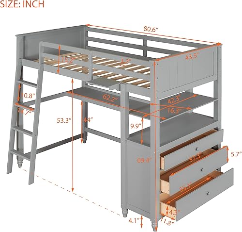 Miniatura 235 de Quarte Cama alta multifuncional, cama alta tamaño matrimonial con escritorio integrado y estantes de almacenamiento, dos cajones y escalera de