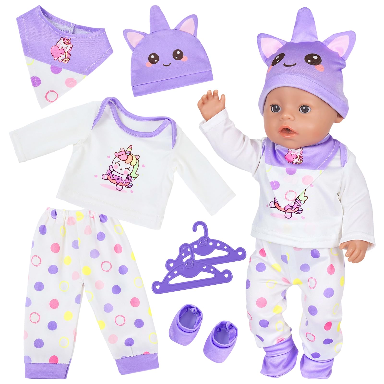 5 Pcs Sweet Doll Clothes for 14-18 inch Baby Dolls, Purple Pony Baby Doll Clothes for 35-43cm Baby Dolls with Pony Top Hat Pants Bib Socks Hangers New 43cm Baby Doll Outfits Children Birthday Gifts