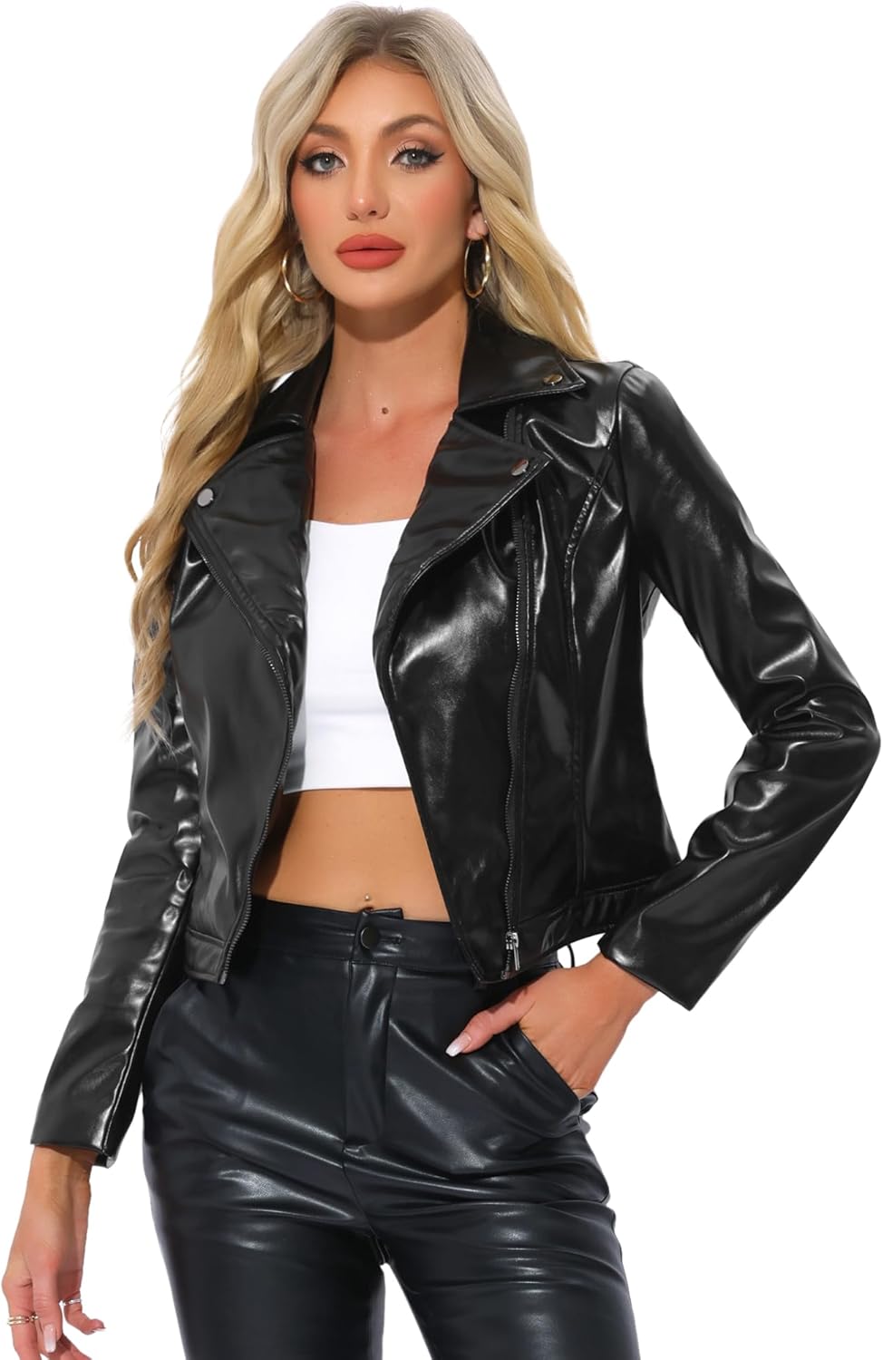 Allegra K Holographic Metallic Jacket for Women's Biker Shiny Jacket