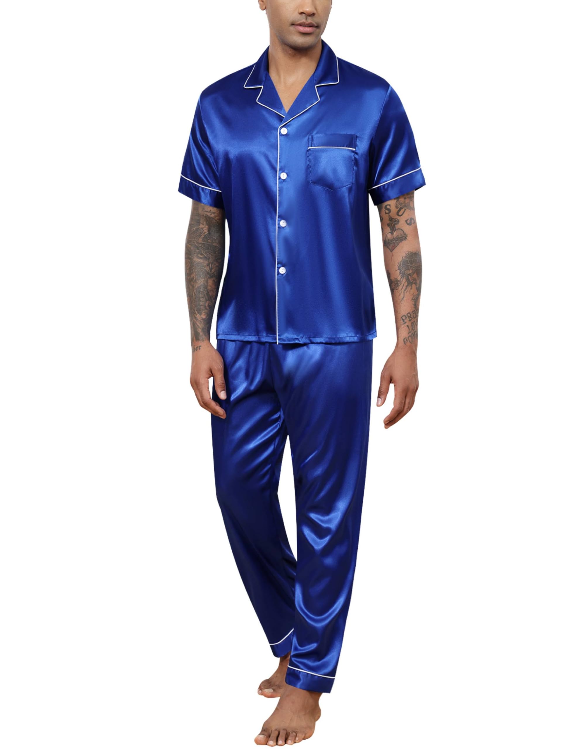 GAESHOW Mens Silk Pajama Set, Short Sleeve Silk Satin Pajamas for Men Soft Mens Loungewear Sets 2 Piece Button Down Pjs Set
