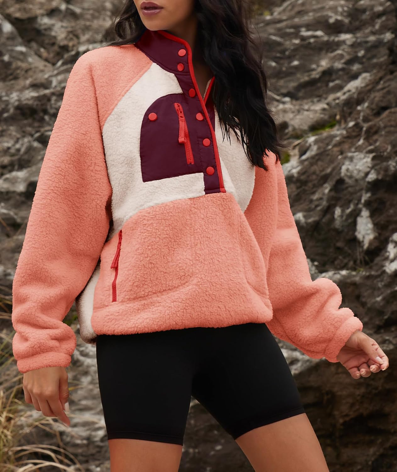 Yanekop Womens Fuzzy Fleece Pullover Sherpa Sweatshirt Long Sleeve Button Down Sweater Winter Fleece Jacket with Pockets