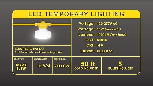 Miniatura 4 de Luz de trabajo temporal LED, 50 pies, 50 W, 5000 lúmenes, 5000 lúmenes, 5000 K, 120-277 V CA, 5 enchufes LED de construcción de cadena de luz de