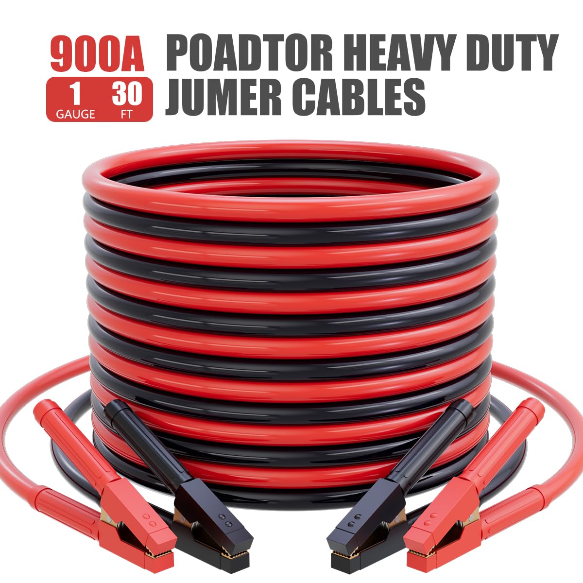 1 Gauge Heavy Duty Jumper Cables 900A, Cavi di avviamento per 12V/24V automobili, SUV e camion batteria con morsetti professionali e borsa
