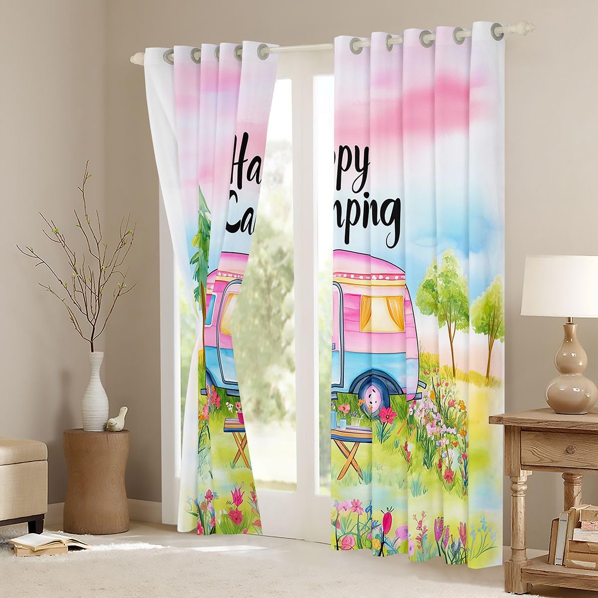RV Lot de 2 rideaux de fenêtre pour adultes et enfants, taille XL, aquarelle, fermeture éclair, fleurs, bons rideaux occultants, pour les amateurs de camping, les voyages, 245 x 140 cm