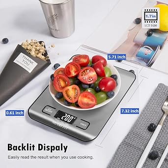 NUTRI FIT Digital Kitchen Scale Stainless Steel Ultra Thin, 5KG/11lb, 1g | Multifunctional Food Weight Scale for Cooking Baking, Units: g/ml/lb:oz/fl'oz, Large Backlit LCD, 2xAAA, Easy Hang Up
