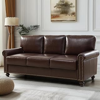 ParlorDream 80" Faux Leather Sofa with Storage, Mid-Century Modern Rolled Arm Couches for Living Room Furniture, Nailhead Trim, Easy Tool-Free Assembly, Dark Brown