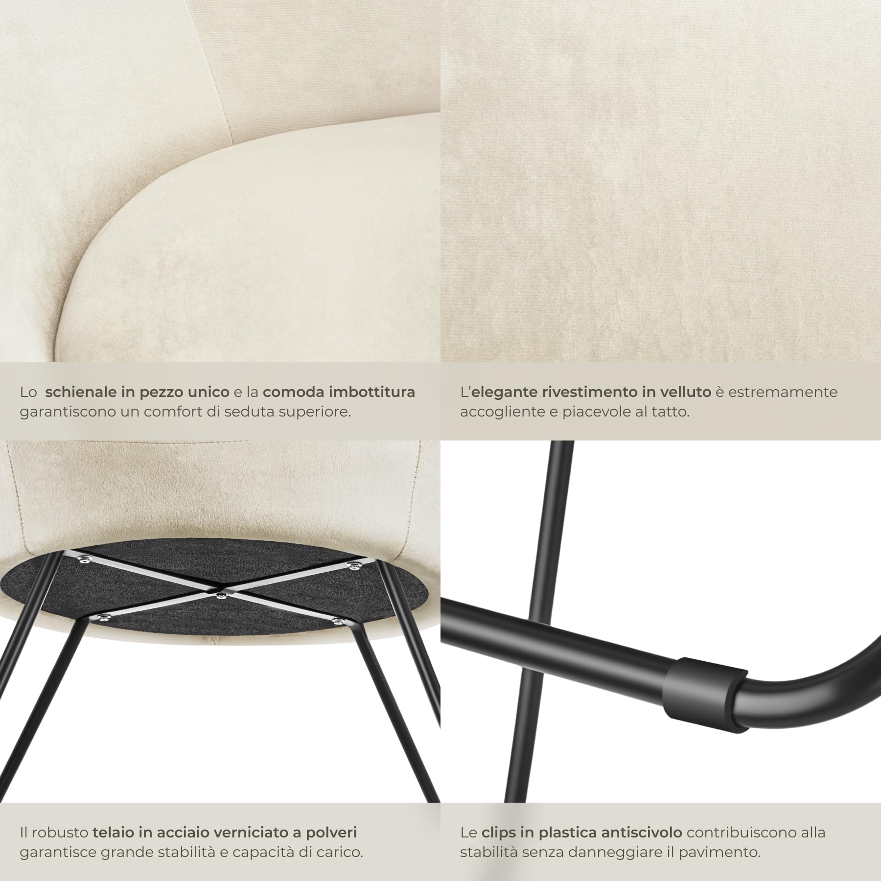 tectake® Poltrona Rotonda Imbottita, Stile Scandinavo, Comoda Sedia da Salotto con Schienale Continuo, Piedini Antiscivolo per Pavimenti, Struttura Verniciata a Polvere - Effetto Velluto Beige