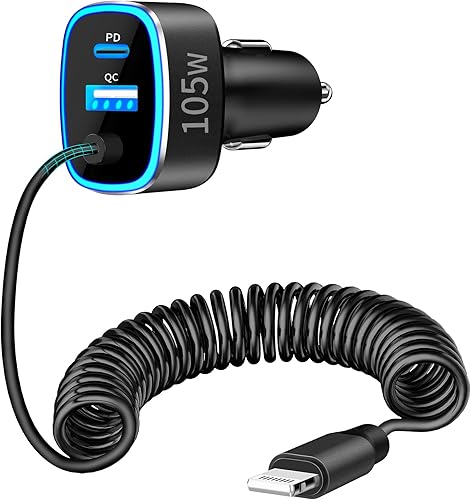 Apple MFi Certified iPhone Car Charger Fast Charging, GODMADES 105W USB-C Power 3-Ports PD&QC3.0 Type-C Rapid Car Charger with 6FT Coiled Lightning