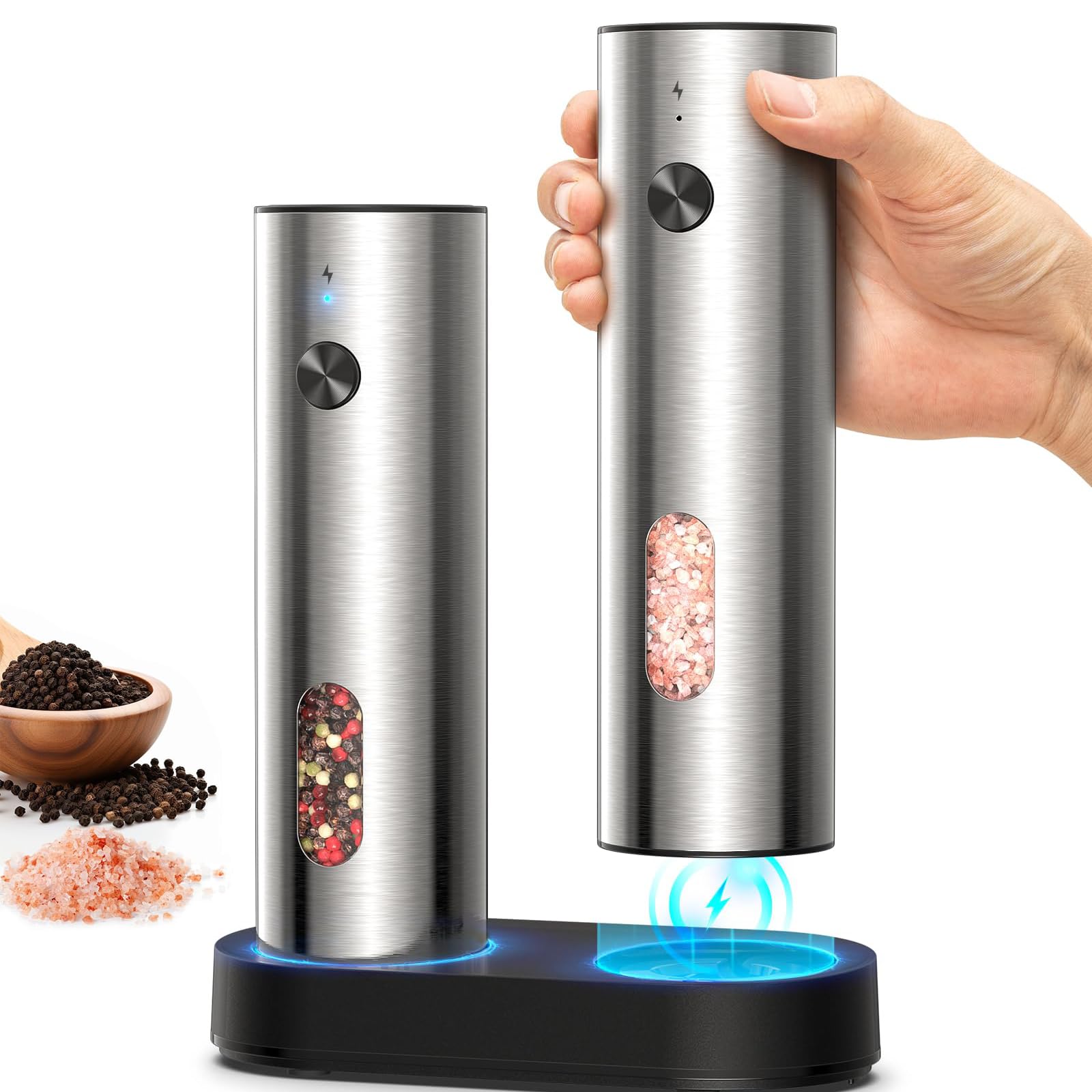 Moulin à Sel et Poivre Electrique, SINZONeu® Set en Acier Inoxydable avec Base de Charge USB-C, 5 Niveaux de Broyage, Capacité XL 110ml, Lumière LED pour Cuisine