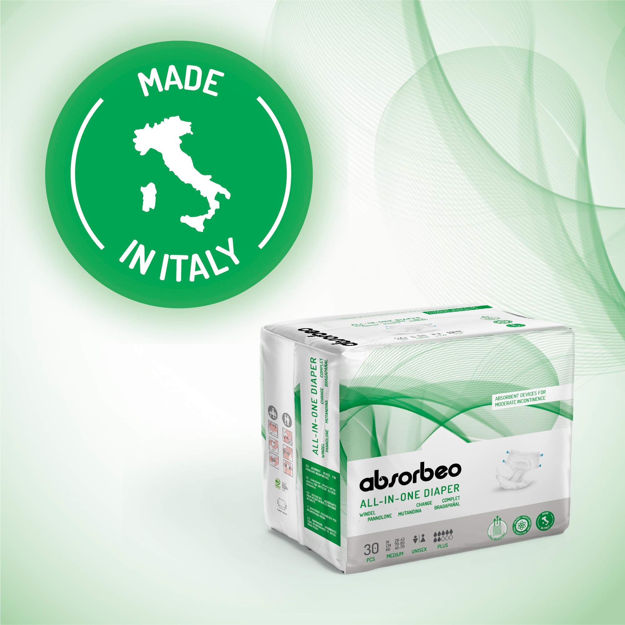 Absorbeo Windel EXTRA 30 Stück, Saugfähiges Hilfsmittel für Mittlere Blasenschwäche, Absoluter Komfort, Totaler Schutz, Anti-Odour-System, Vollständig Atmungsaktiv, Unisex, Größe M (Packung mit 2)