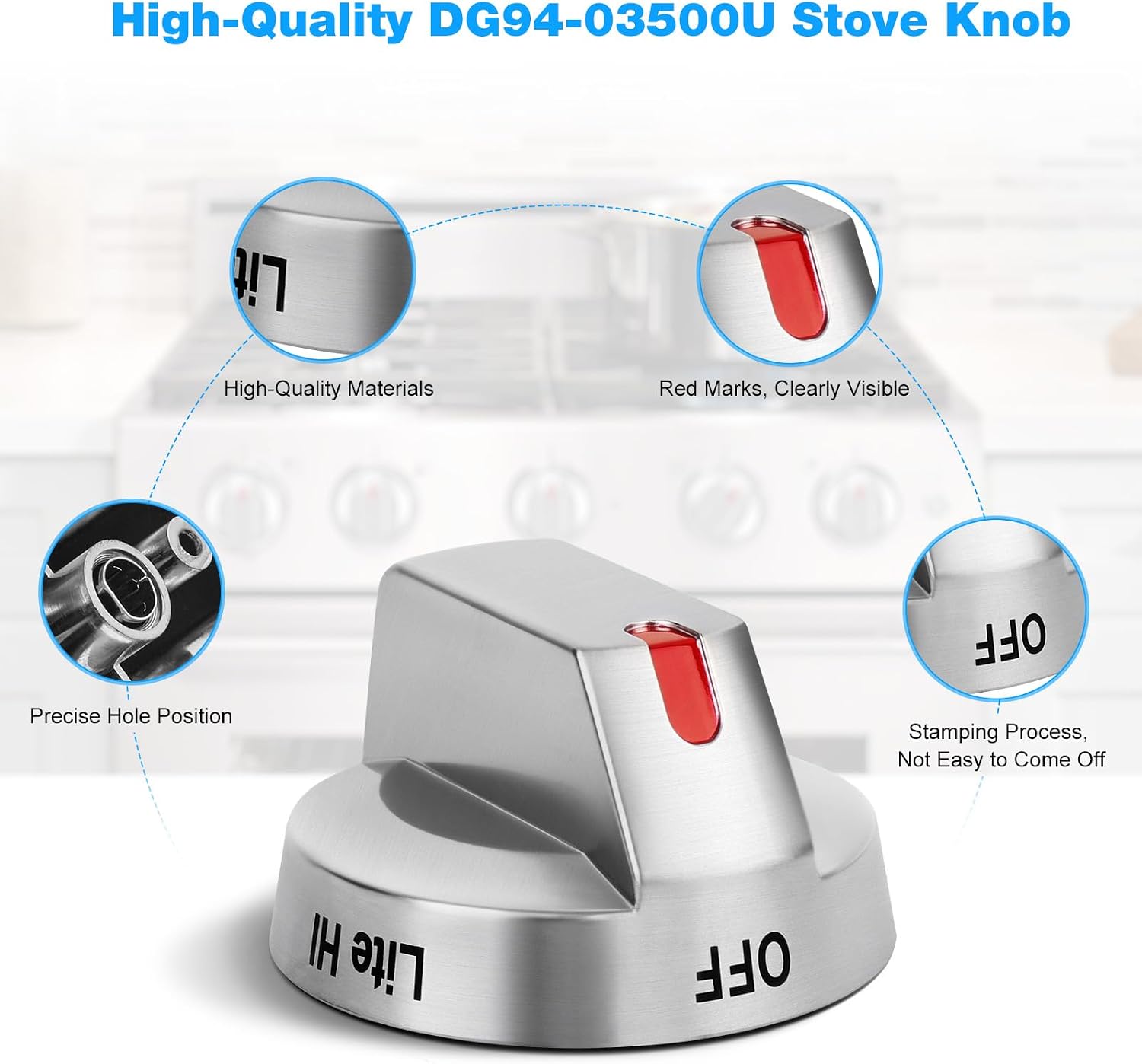 Stove Knob DG94-03500A Replacement Samsung Gas Range Knob DG94-03500U DG94-03500V DG94-03500W (Silver) - 5 Pack