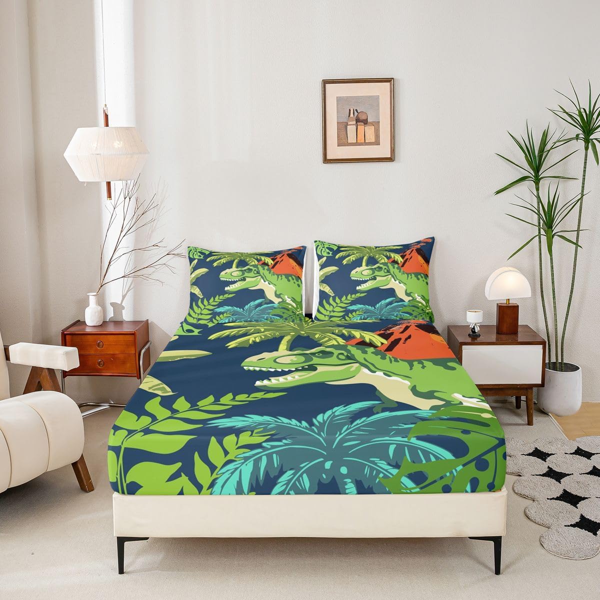 Erosebridal Cartoon Dinosaur Bed Sheets Full Dino Palm Tree Sheet Set, 3D Ancient Animals Soft Lightweight Bedding Set, Mountain Tropical Botanical Fitted Sheet with Deep Pocket