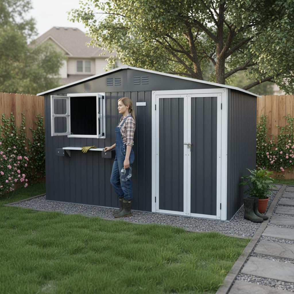 Moderna casetta da giardino in metallo, 313 x 255 x 200 cm, con finestre apribili e supporto per fiori, impermeabile, per cortile e giardino, grigio (grigio antracite, 3 x 2,4 m)