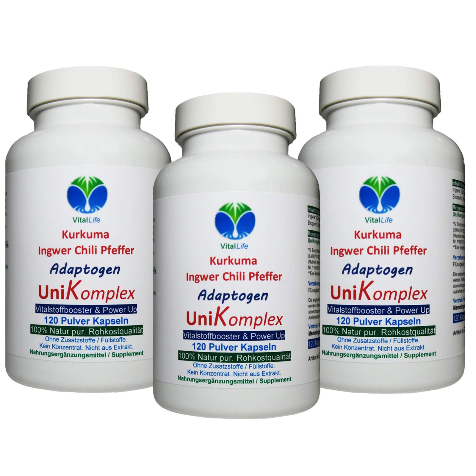 KURKUMA + INGWER + CHILI + PFEFFER - Piperin & Curcumin - UniKomplex - 360 (3x120) Pulver Kapseln - Natur pur - OHNE ZUSATZSTOFFE. 27040-3