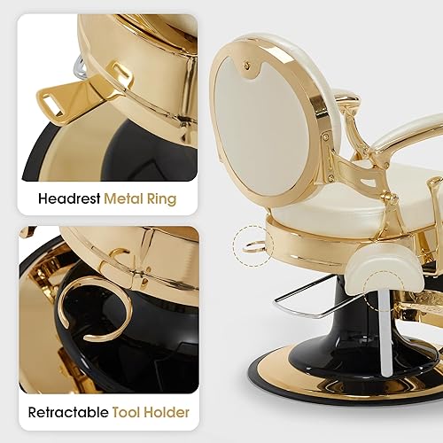 Miniatura 9 de BarberPub Silla de peluquero resistente para hombres con reposacabezas, sillas reclinables hidráulicas de metal antiguo multiusos, equipo de