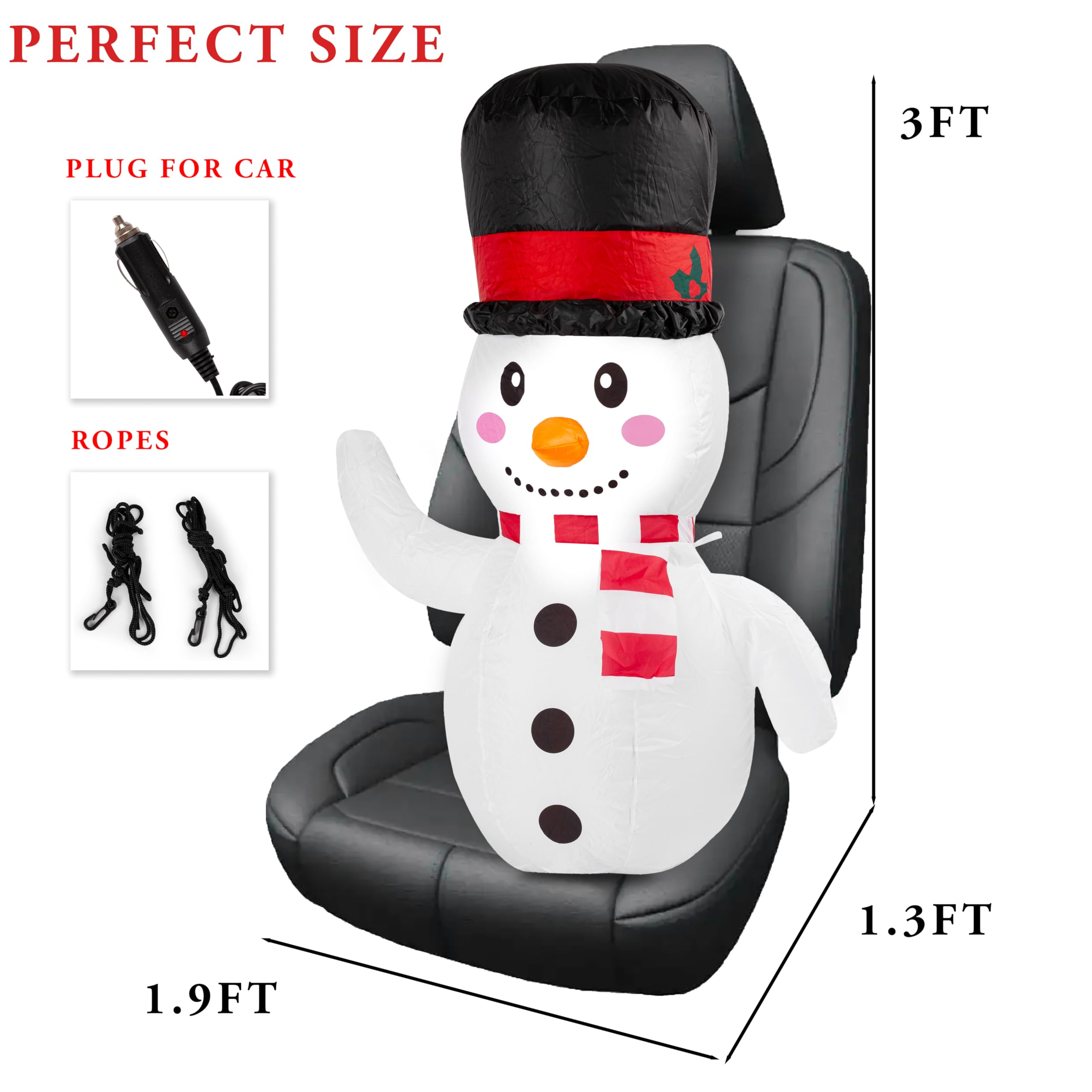 ZONETECH Bonhomme de neige de Noël gonflable pour voitures, copain de voiture gonflable avec prise soufflante de voiture 12 V lumières LED, décoration facile à installer en plein air pour décoration