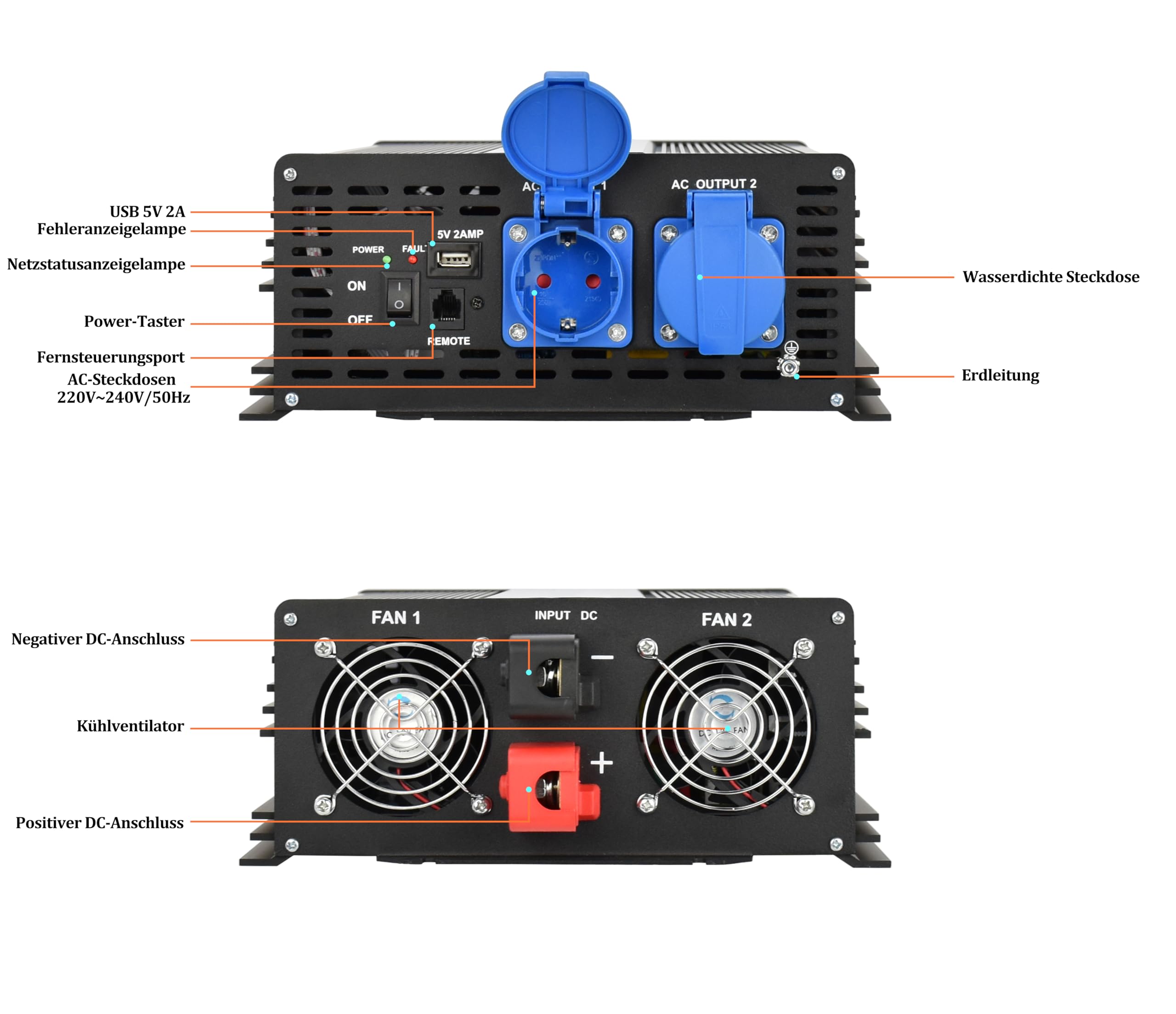 Reiner Sinuswelle Wechselrichter DC12V auf AC230W 50Hz mit Dual Schuko Buchsen, DC5V USB-Anschluss, LCD Draht Remote Kit für europäischen Markt (12V 1500W)