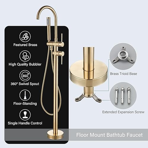 Miniatura 3 de YAGATAP Grifo de bañera independiente para montaje en el suelo, grifo de ducha de alto flujo dorado cepillado con mezclador de ducha de mano,