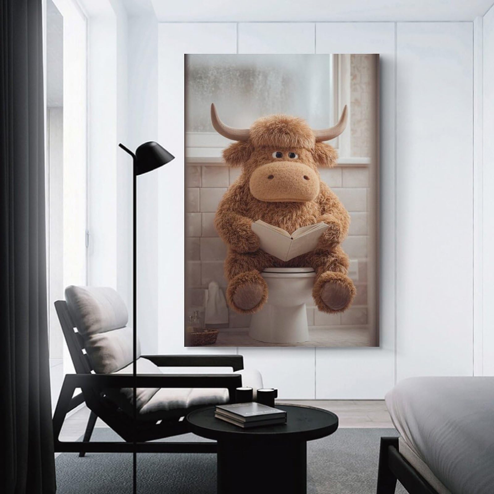 Junmoney Stuffed Highland Cow Reading on Toilet Wall Picture Print 20x30inch(50x75cm), for Home Walls, Creative Rooms Or Shared Spaces, Stylish Home Artwork for Focal Walls