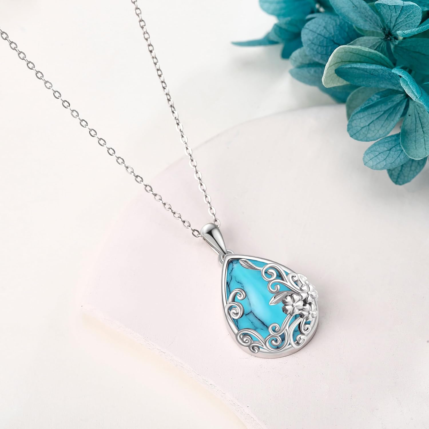 Turquoise Necklace 925 Sterling Silver Teardrop Filigree Necklace Turquoise Jewelry Gift for Women - Image 4