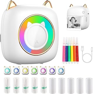Mini Printer Sticker Maker, Inkless Pocket Printer Compatible with Android & iOS, Portable Bluetooth Thermal Sticker Printer, Mini Inkless Sticker Printer with 5 Color Pens & 10 Rolls Paper