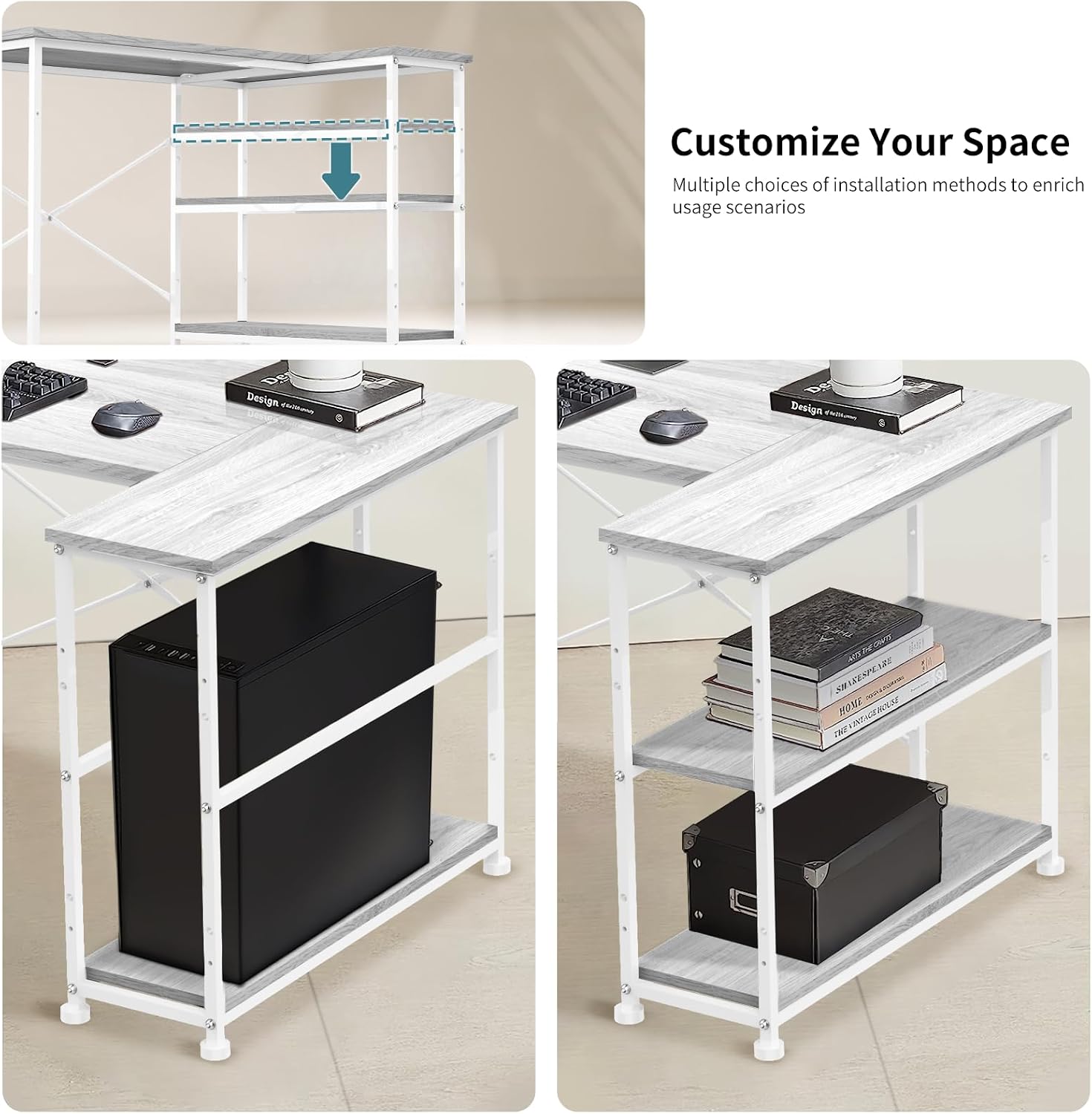 Detailed dimensions of the L-shaped desk including length, width, and height measurements.
