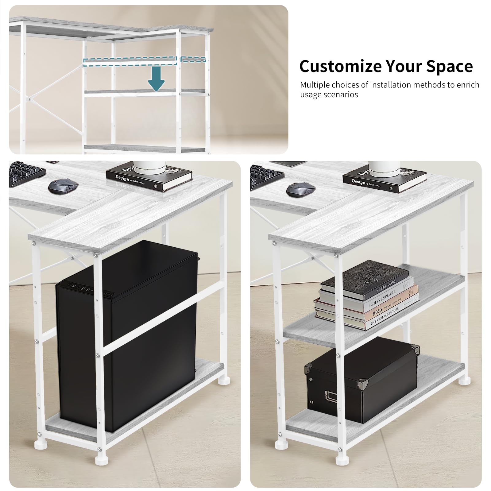 TRIUMPHKEY Scrivania ad Angolo Reversibile 110 x 80cm, Scrivania a Forma di L con Ripiani,Tavolo da Lavoro,Struttura in Acciaio, per Computer, Ufficio, Studio and Soggiorno, Grigio