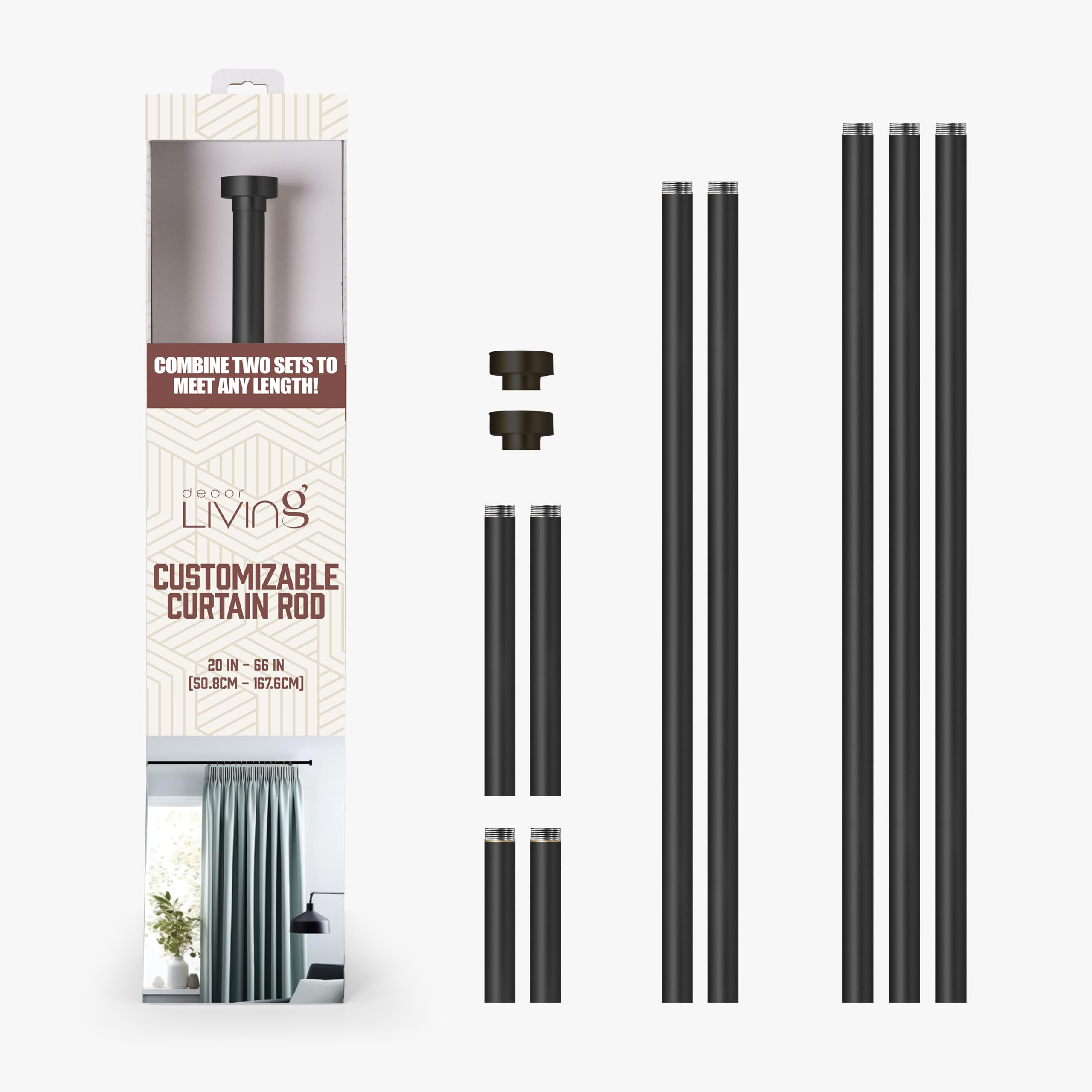 Heavy Duty Iron Curtain Rod for Windows, 20 to 66 inches adjustable, 1 inch diameter, Matte Black