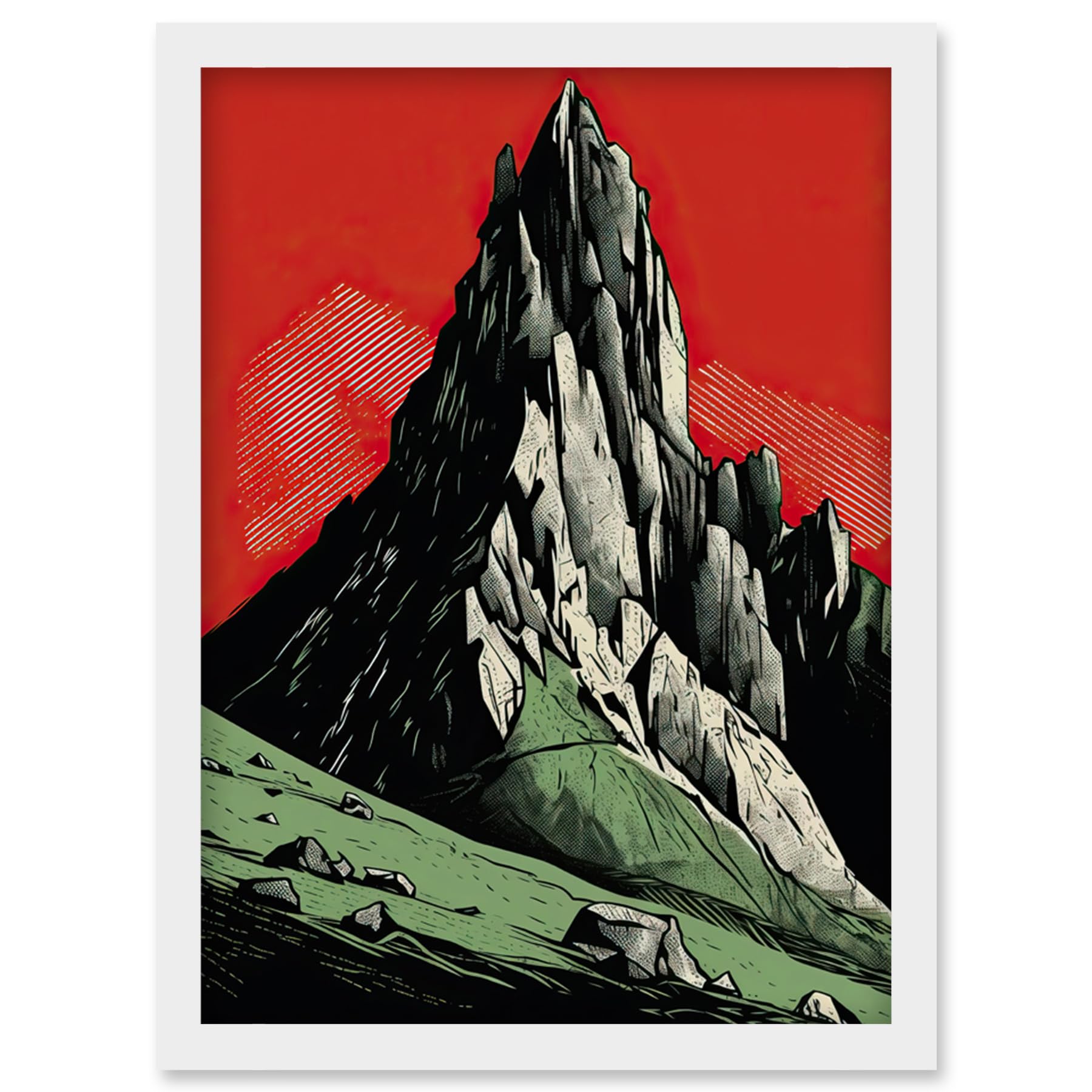 Artery8 Tryfan Mountain Peak Bold Linocut Illustration Artwork Framed Wall Art Print A4