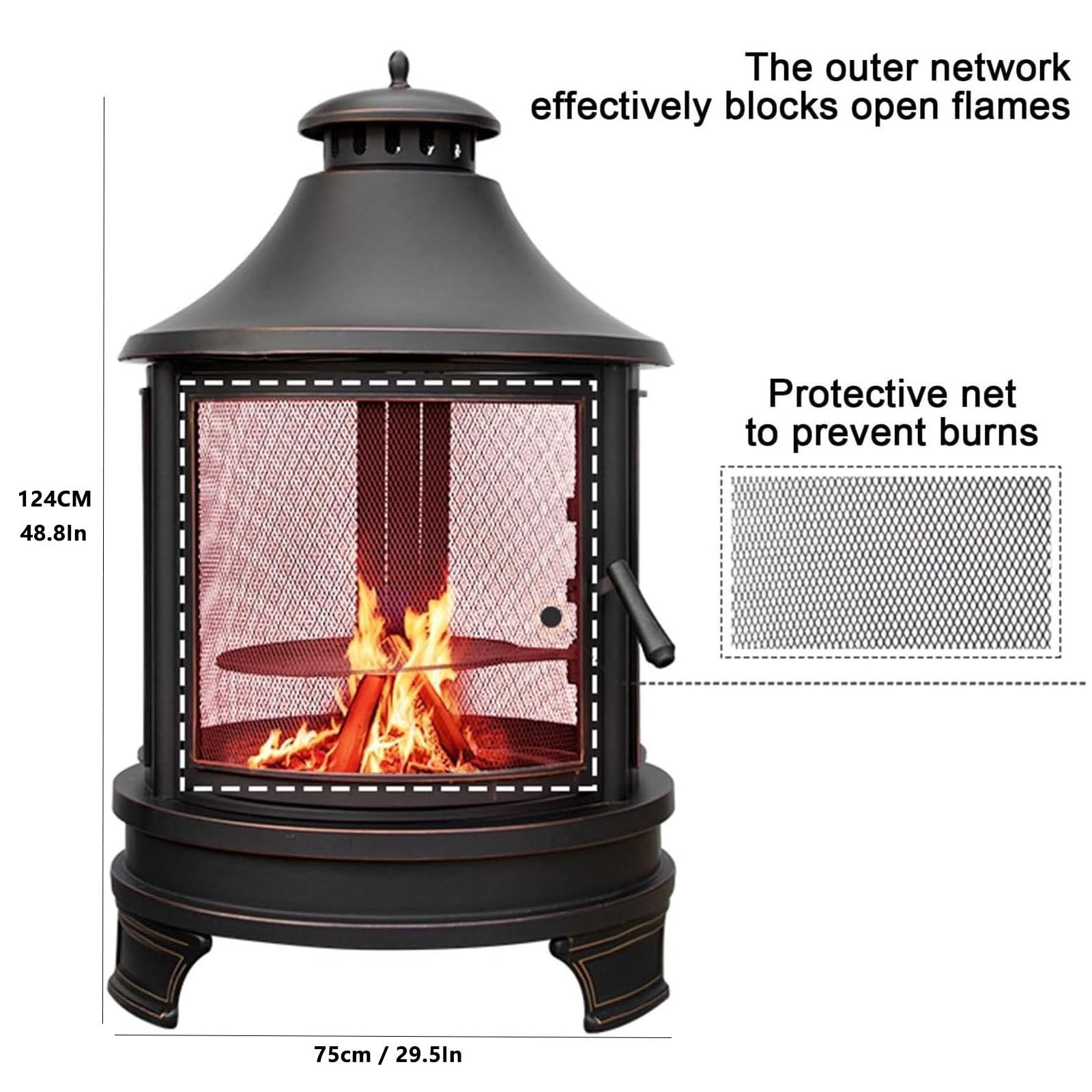 Braciere quadrato per esterni, a legna, con griglia di cottura, 49,5 x 30,5 cm (altezza x larghezza), per giardino, cortile, cortile, barbecue, design pagoda